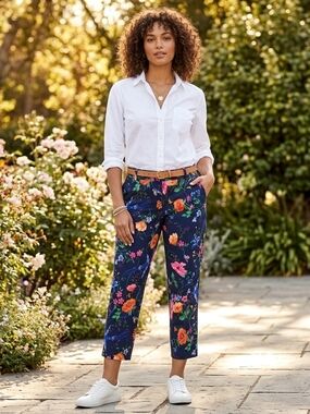 Old Navy Harper Mid-Rise Floral Pants Navy Blue Bird Print Size 16 Regular